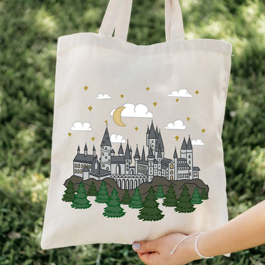 Wizard School Castle Canvas Tote Bag with Inner Pockets
