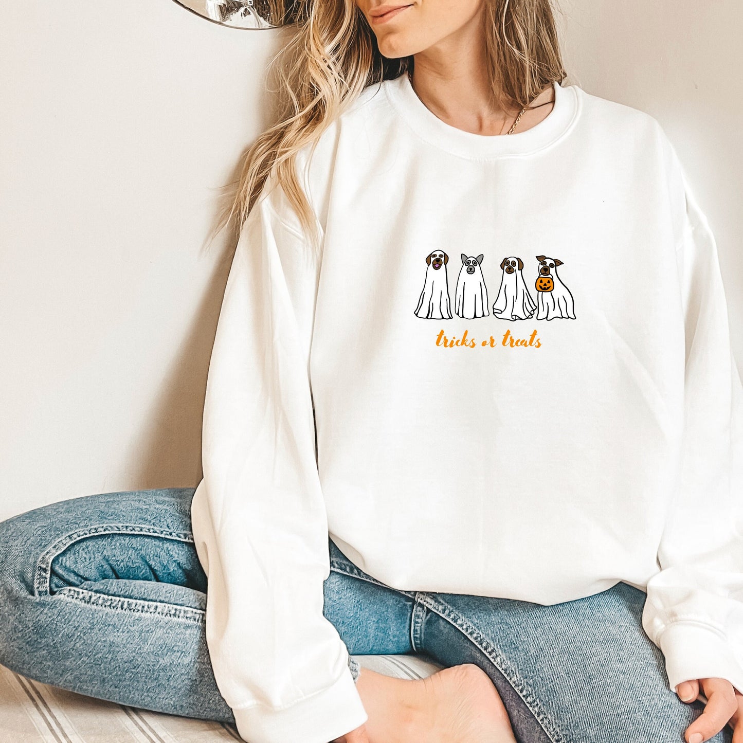 Halloween Ghost Dogs Embroidered Crewneck Pullover Sweatshirt