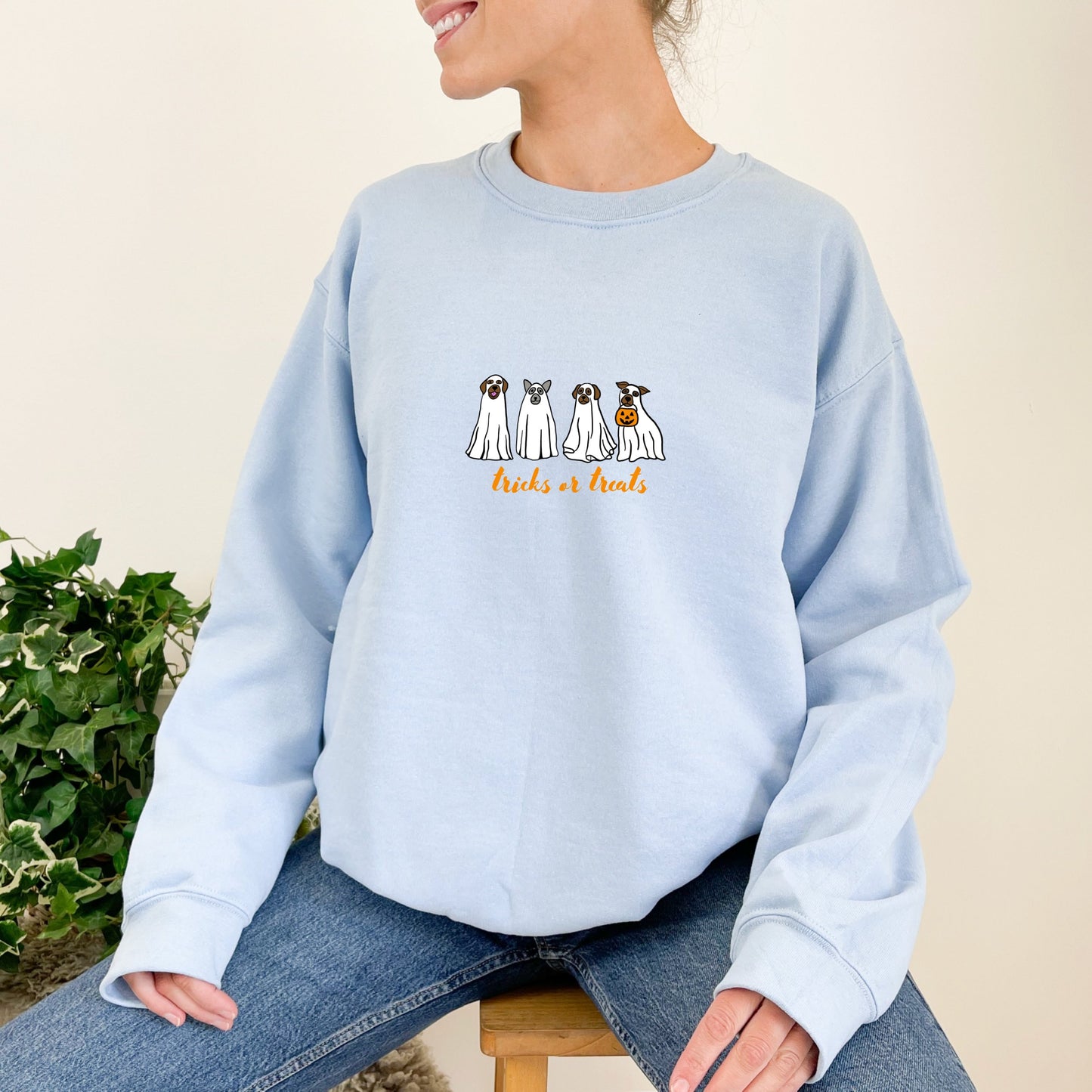 Halloween Ghost Dogs Embroidered Crewneck Pullover Sweatshirt