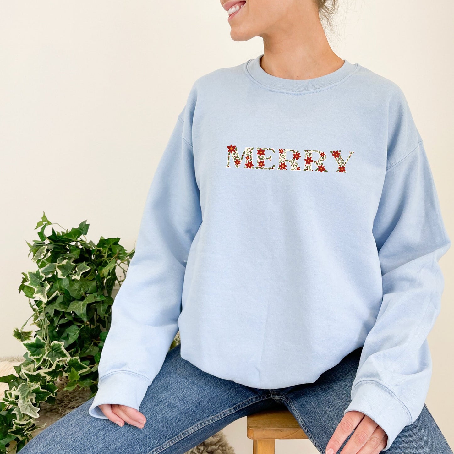 Merry Christmas Poinsettia and Holly Embroidered Sweatshirt