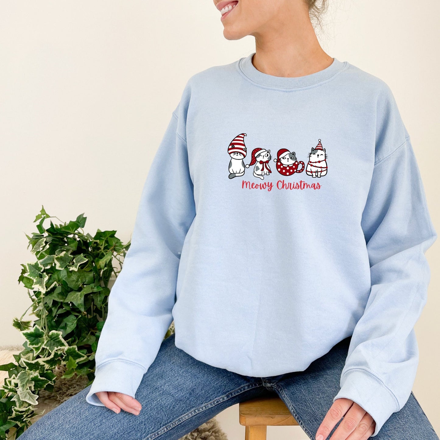 Meowy Christmas Kitty Cat Sweatshirt Embroidered Pullover