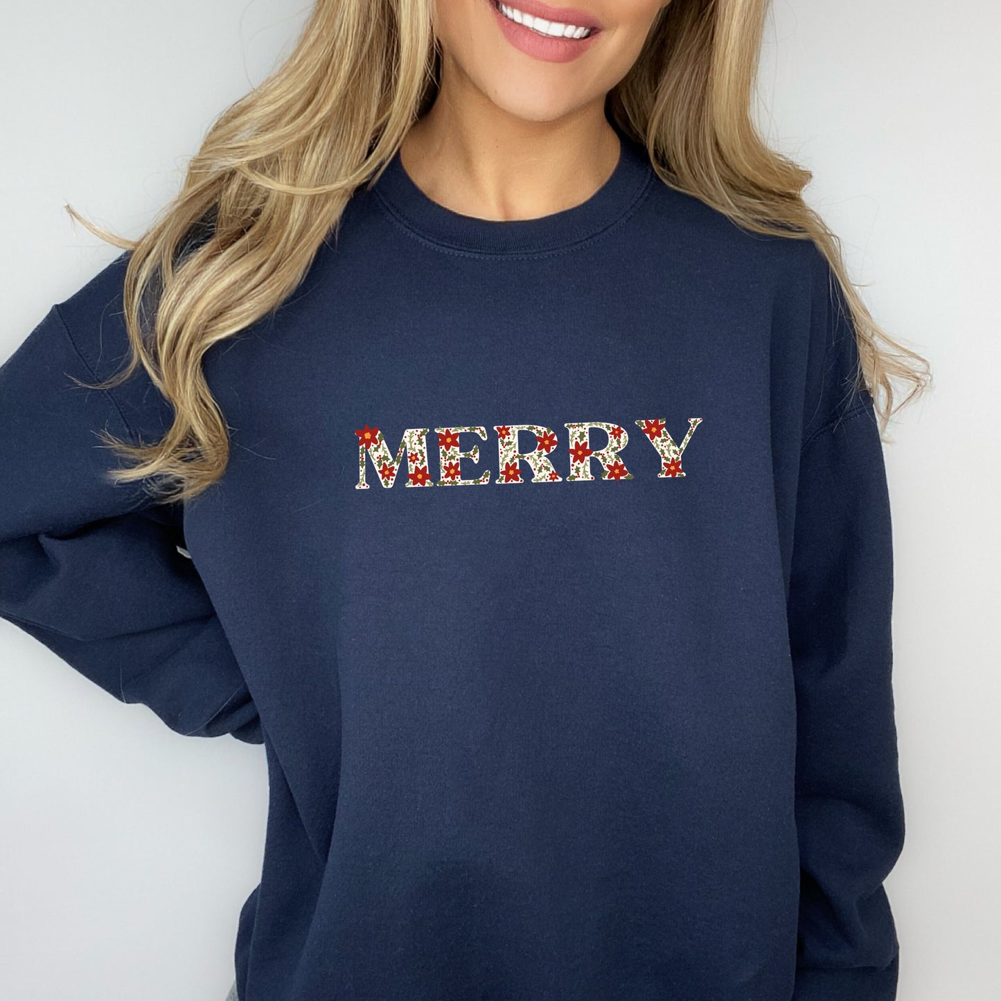 Merry Christmas Poinsettia and Holly Embroidered Sweatshirt