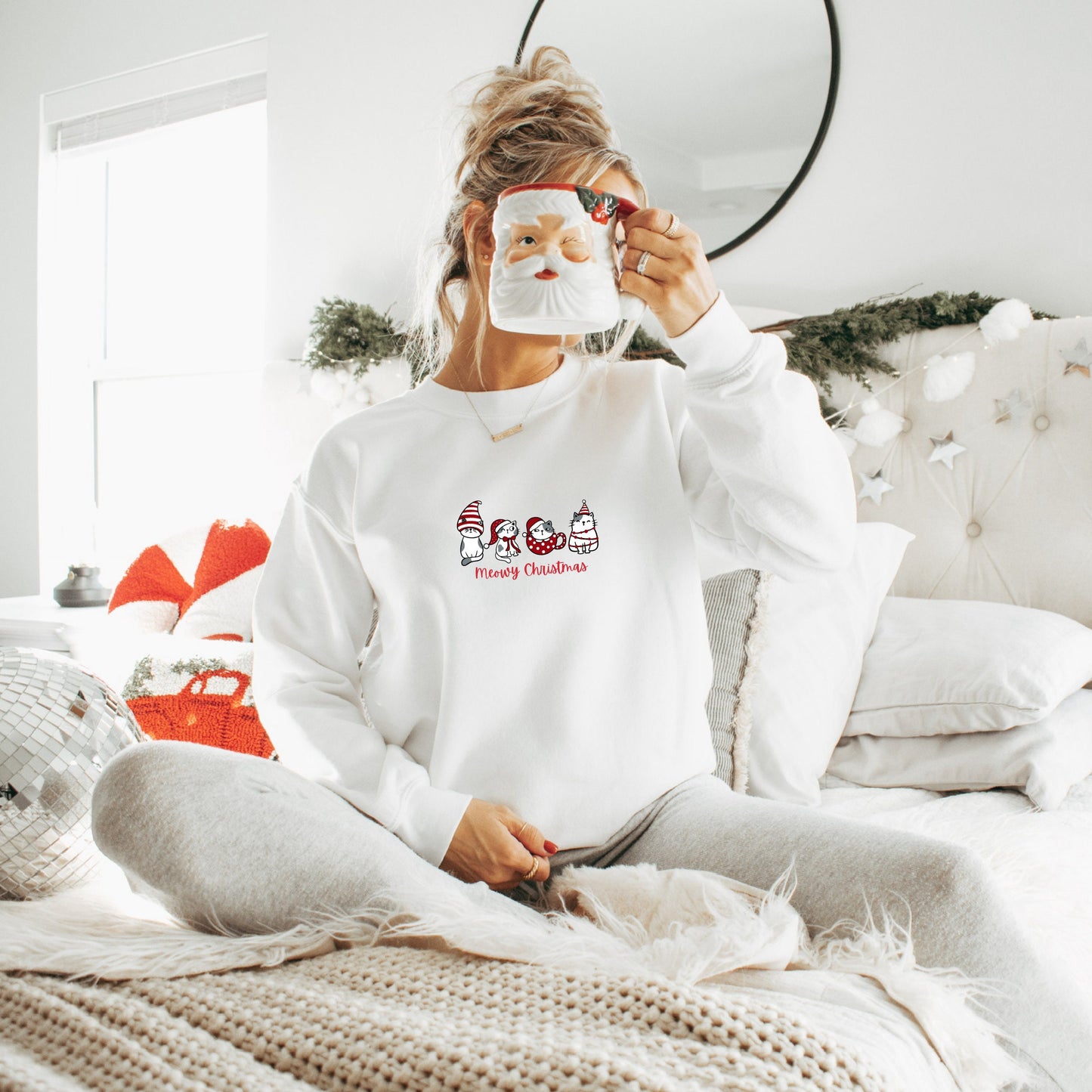 Meowy Christmas Kitty Cat Sweatshirt Embroidered Pullover