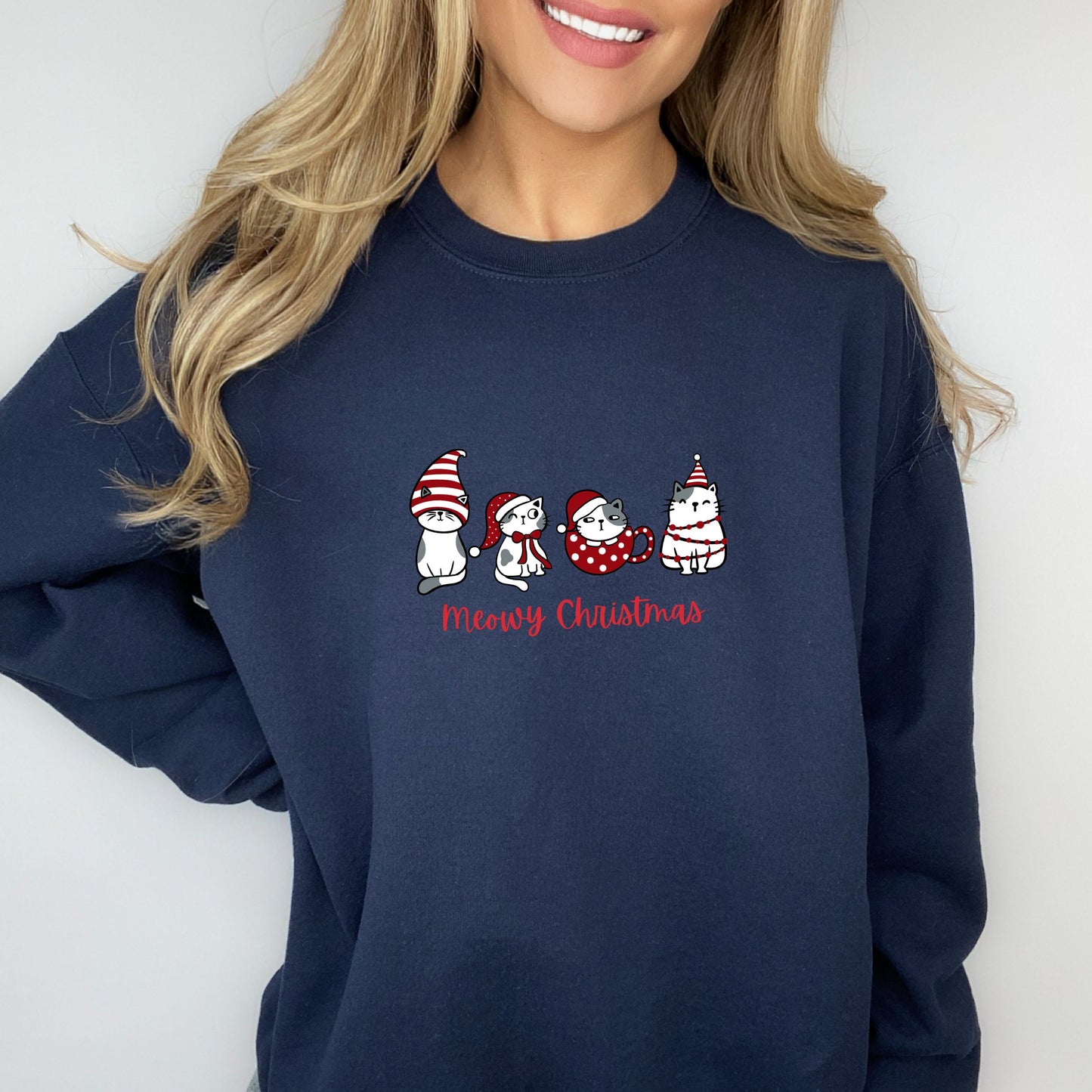 Meowy Christmas Kitty Cat Sweatshirt Embroidered Pullover