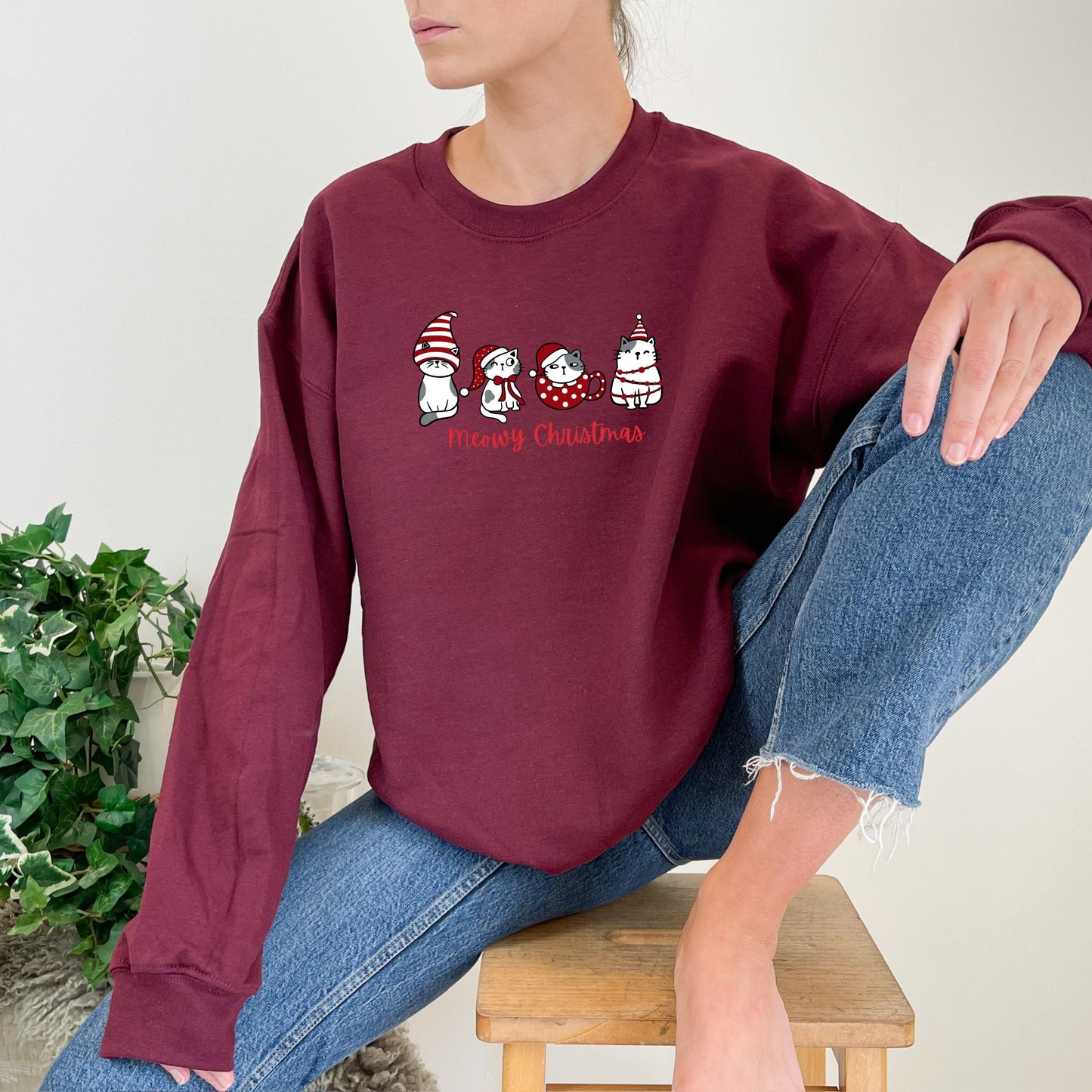 Meowy Christmas Kitty Cat Sweatshirt Embroidered Pullover