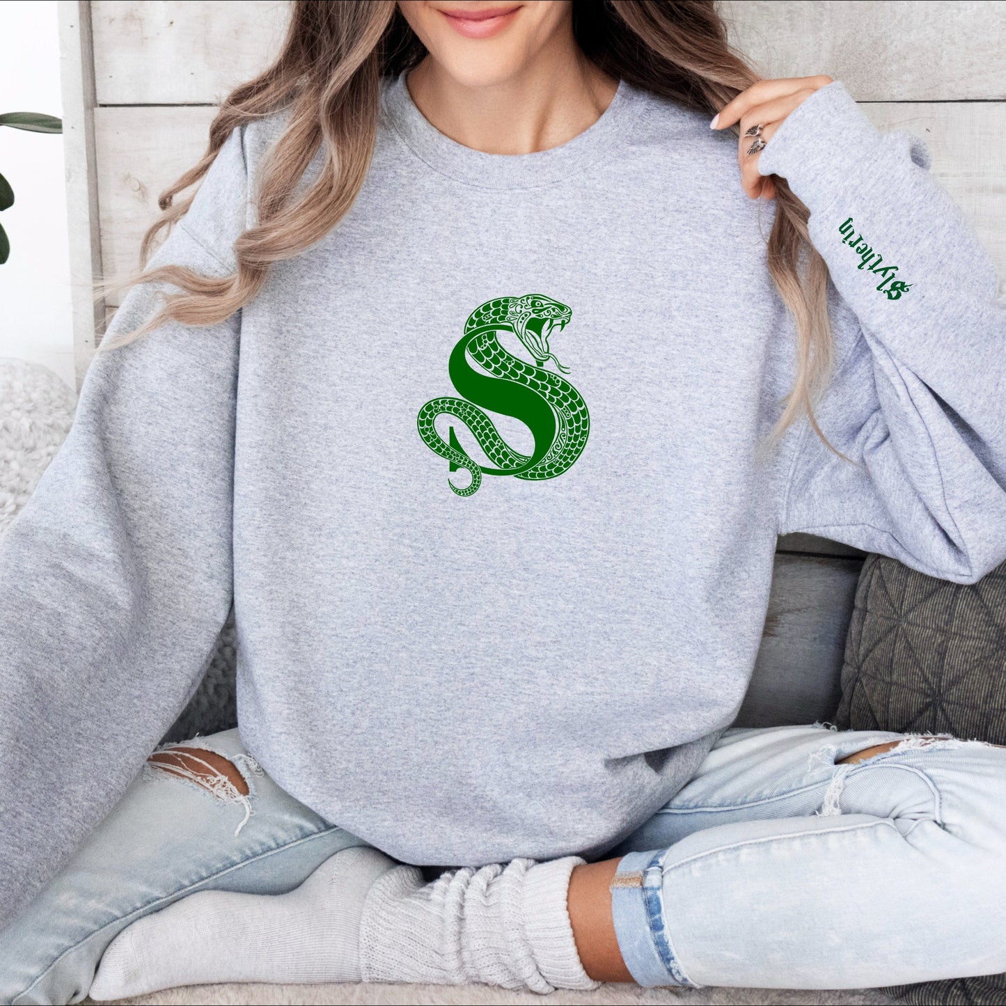 Green Snake Embroidered Wizard House Crest Sweatshirt