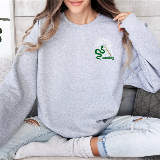 Cunning Green Snake Wizard House Embroidered Crewneck Pullover Sweatshirt