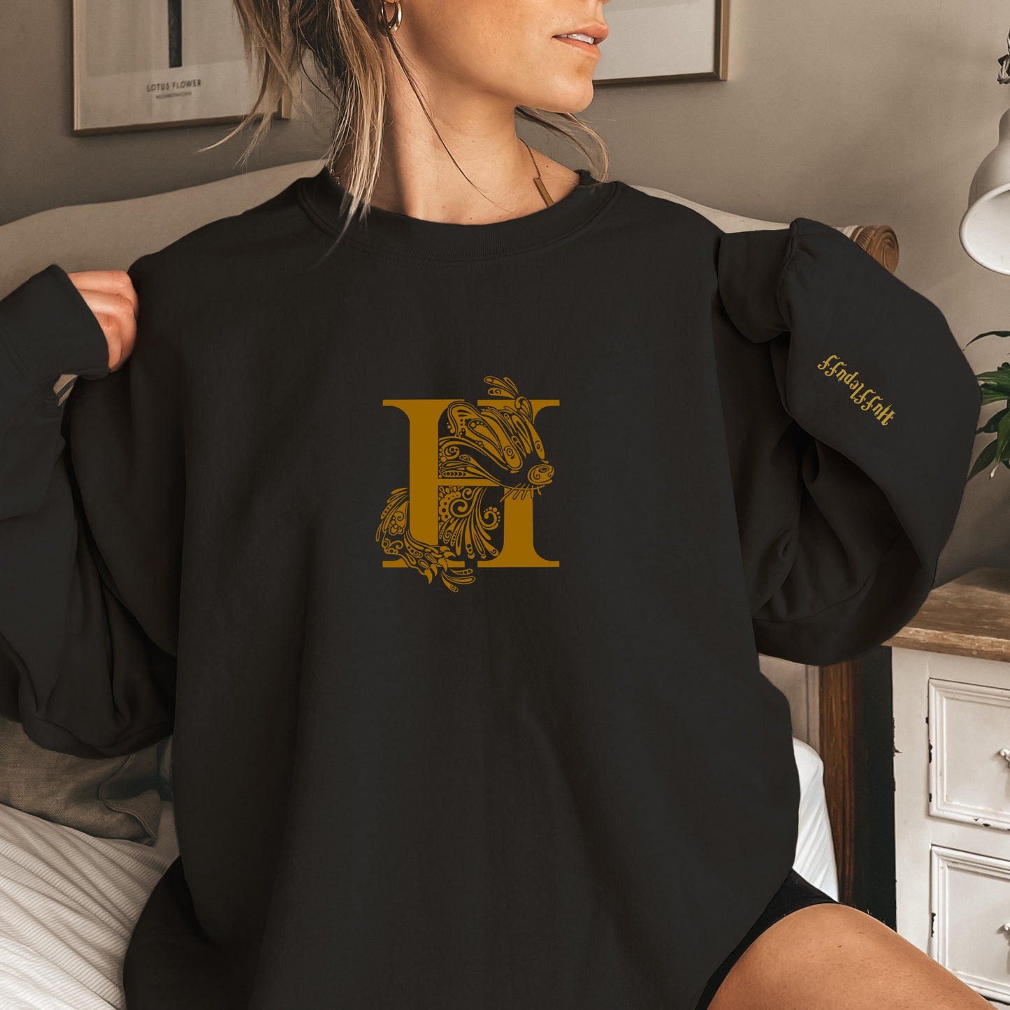 Gold Badger Embroidered Wizard House Crest Crewneck Pullover Sweatshirt