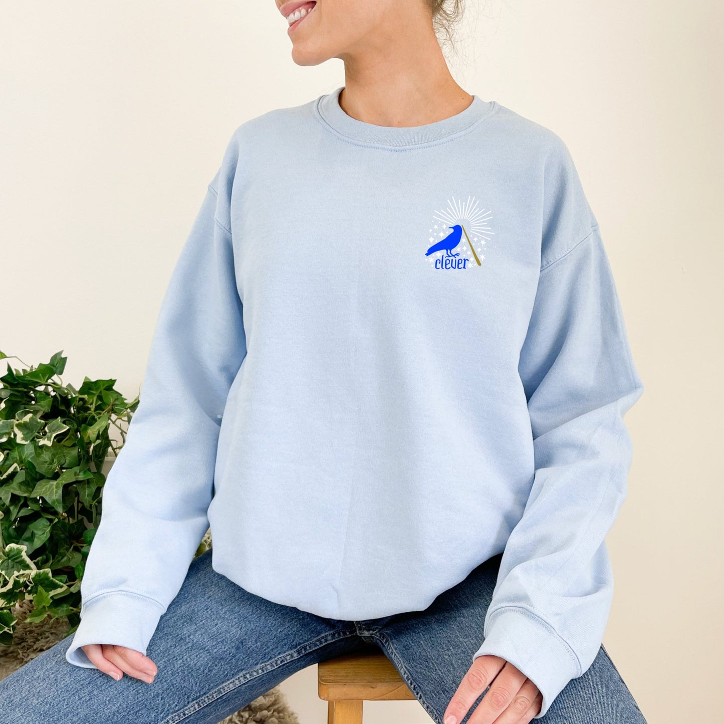 Clever Blue Raven Wizard House Crest Embroidered Crewneck Pullover Sweatshirt