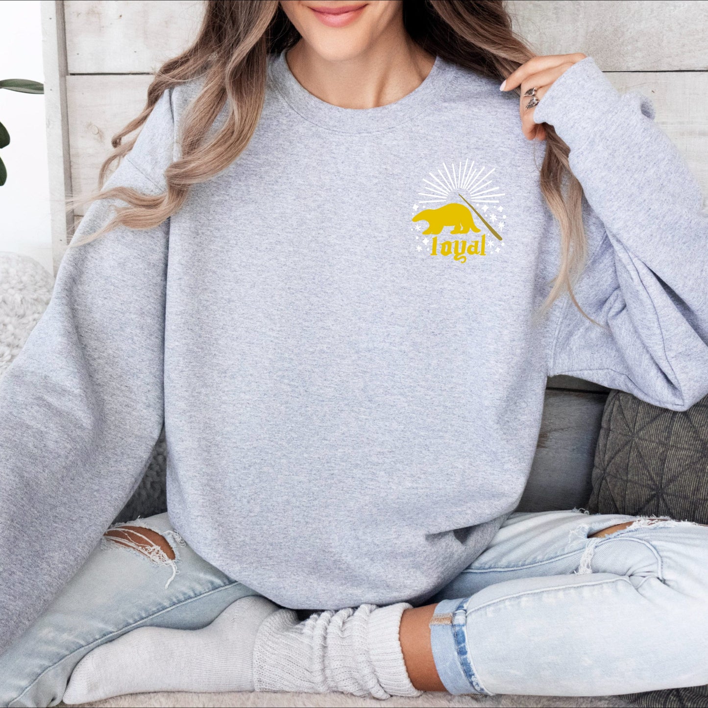 Loyal Yellow Badger Wizard House Crest Embroidered Crewneck Pullover Sweatshirt