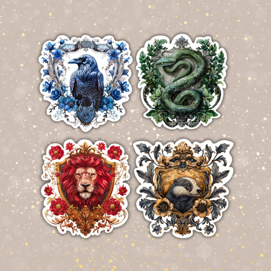 Wizard House Crest Sticker Wizard School Waterproof Stickers Red Lion Green Snake Blue Raven Gold Badger Wizard House Mascot Stickers