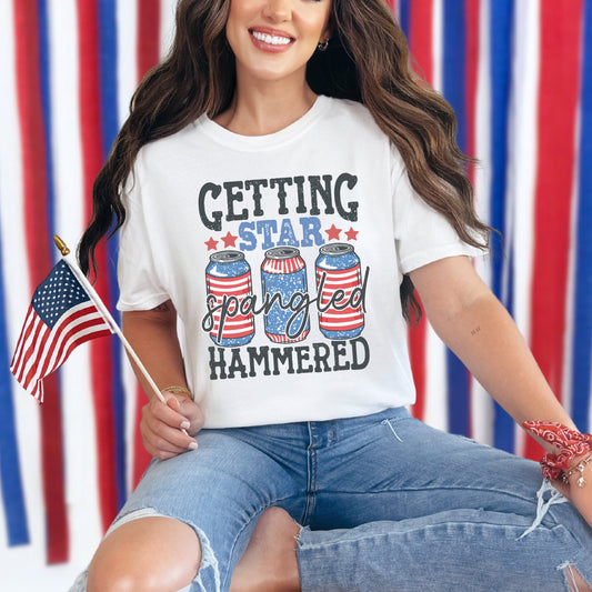 Getting Star Spangled Hammered Fourth of July Drinking Shirt Funny Beer Shirt Red White and Blue Float Trip Matching Shirts
