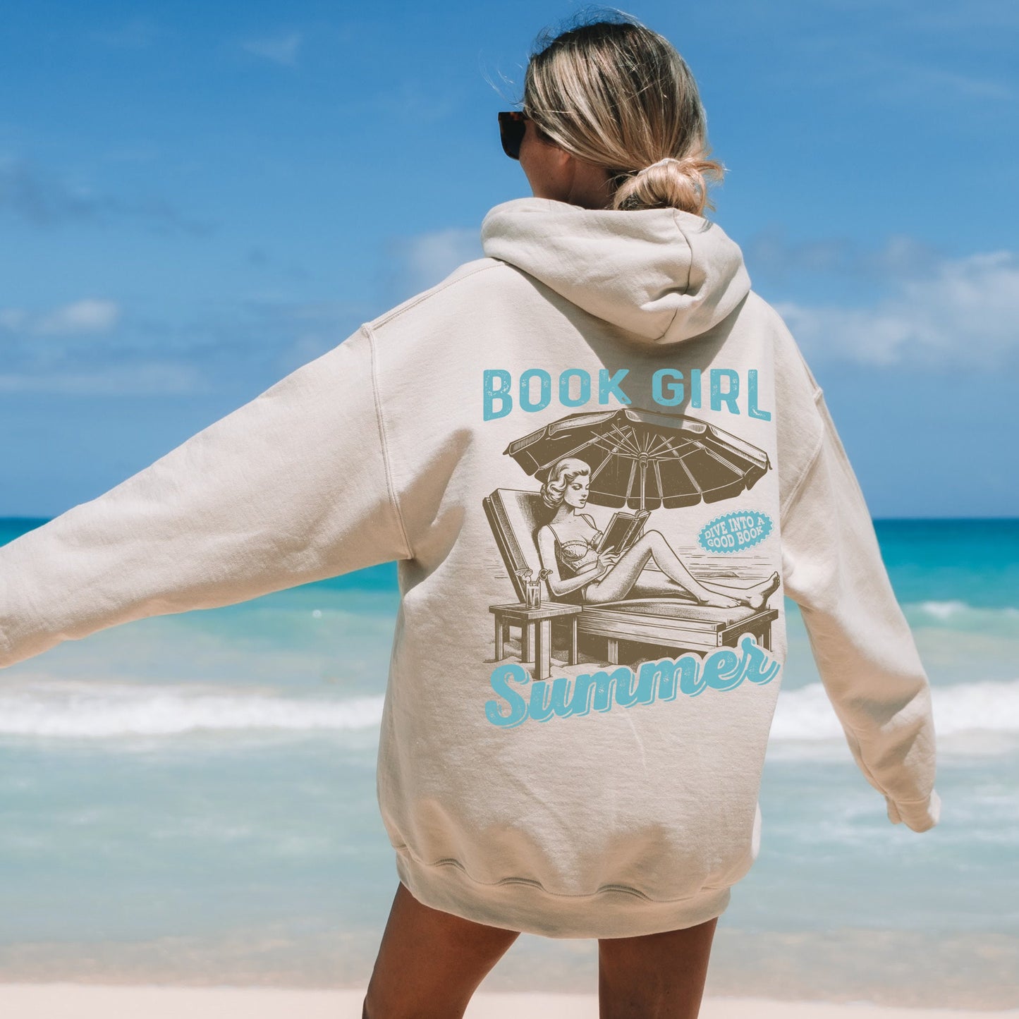 Book Girl Summer Oversized Hoodie Beach Read Bookish Fan Book Lover Booktrovert Gift Vintage Beachy Hoodie Beach Vacation Matching Girl Trip